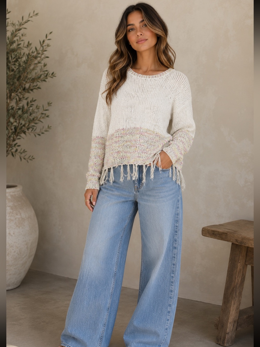 ShopEvelynne Cream and Pastel Fringed Sweater
